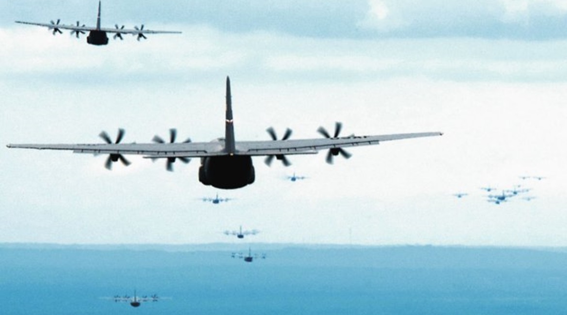 A formation of US Air Force C-130Js fly towards a drop zone during an exercise. Lockheed Martin has been awarded USD15 billion to cover work through to 2030, which follows an earlier 2016 award for USD10 billion to cover production through to 2016.