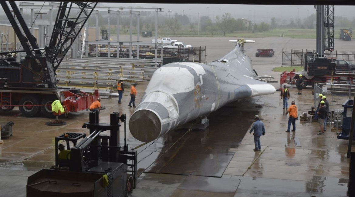 A B-1B being disassembled for virtual modelling by Wichita State University's National Institute for Aviation Research. The aircraft's tail number is 85-0092.