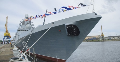 The Russian Navy's second Admiral Gorshkov (Project 22350)-class frigate 
        
         during its ship acceptance ceremony on 16 July. The frigate was commissioned into service on 21 July.