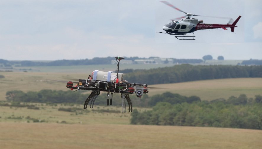 QinetiQ’s MUM-T demonstration used an Airbus H125 helicopter and a small SUAS based on a TurboAce Matrix multirotor unmanned aerial vehicle. (QinetiQ)