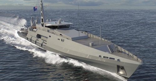 A computer-generated image of a Cape-class patrol boat. The Australian DoD announced on 24 July that Austal had laid the keel for the first of six 'evolved' boats of the class for the RAN.
