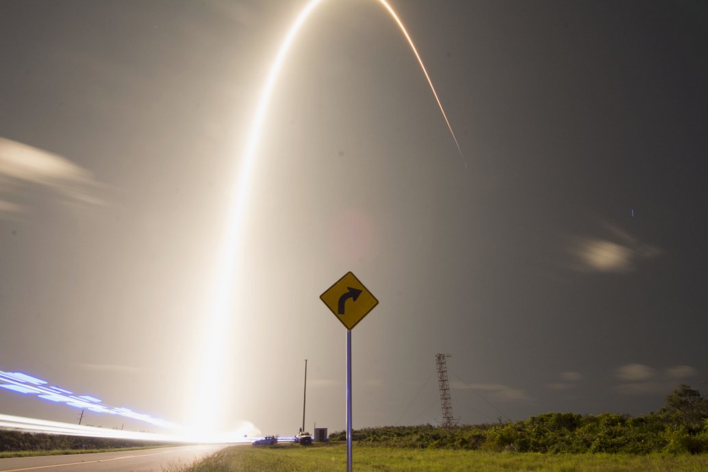 A group of 60 Starlink satellites are sent aloft using a SpaceX Falcon-9 rocket on 23 May 2019. NORTHCOM has shown interest in using the Starlink constellation to alleviate satellite communications challenges in the Arctic. (USAF)