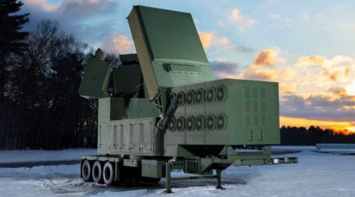 A full-scale mock-up of Raytheon Technologies' Lower Tier Air and Missile Defense Sensor (LTAMDS). Programme officials have selected Orolia Defense & Security to support PNT capabilities for the platform