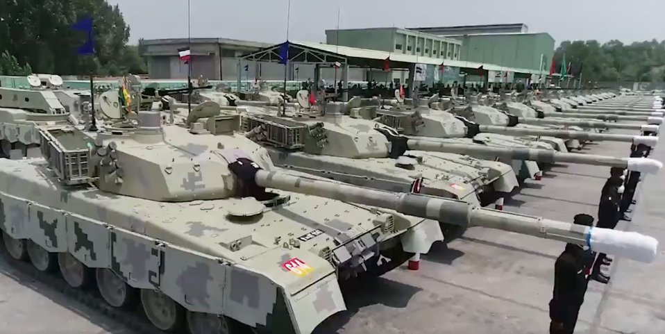 A screengrab from video footage provided by ISPR of the handover ceremony of the first batch of Al-Khalid-I MBTs to the PA on 28 July.  (ISPR)