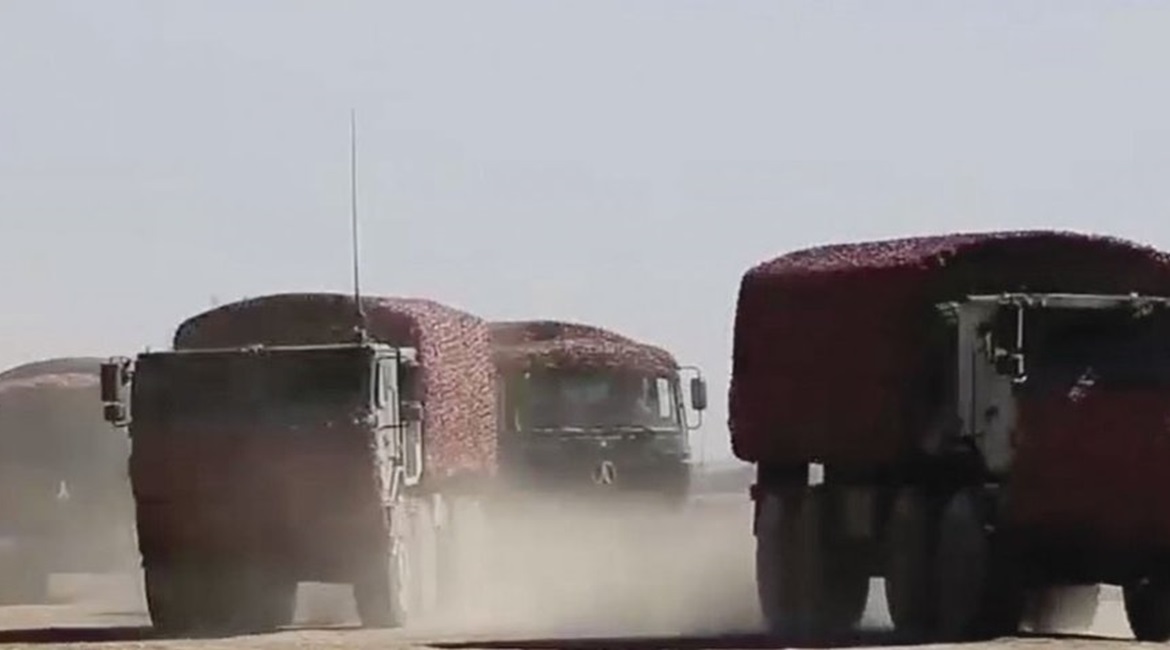 A screengrab from CCTV 7 video footage released on 28 July showing new heavy-duty trucks (the two vehicles in the foreground) that have entered service with the PLA's Tibet Military District.
