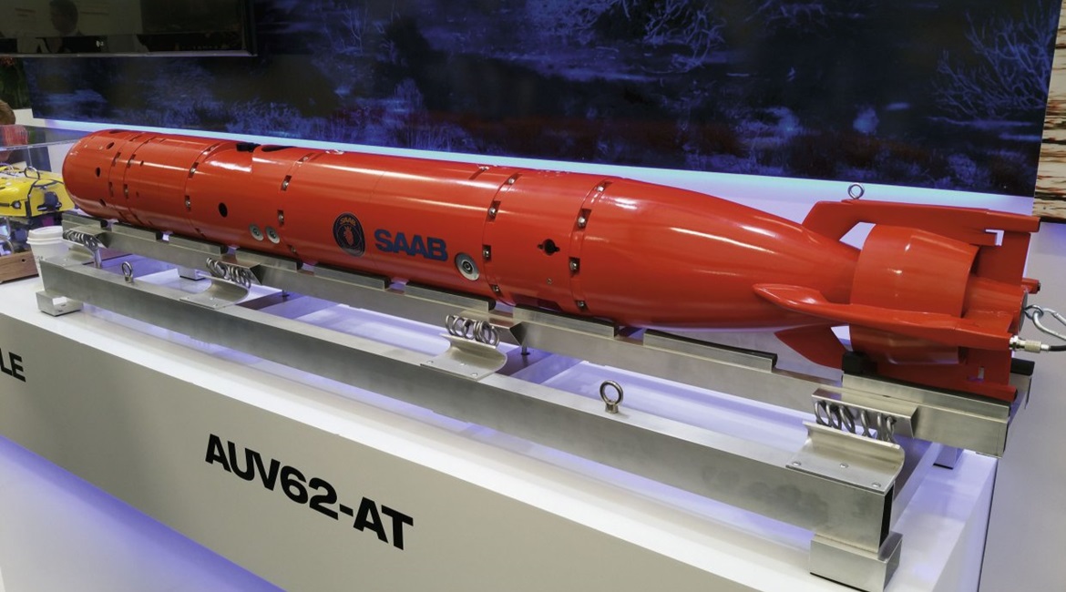 A scale model of Saab's AUV62-AT on display at the Pacific 2015 international maritime exposition in Sydney.