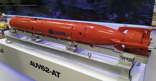 A scale model of Saab's AUV62-AT on display at the Pacific 2015 international maritime exposition in Sydney.