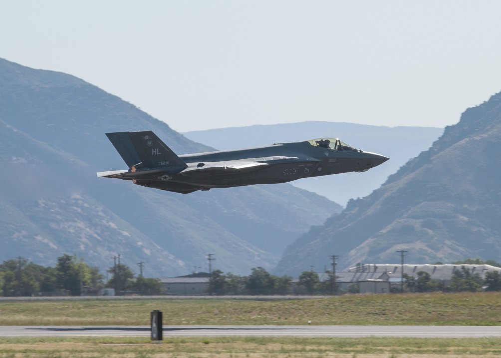 An F-35A begins a practice flight on 29 July 2020 at Hill AFB Utah. A former F-35 official said Lockheed Martin has had a poor spare part delivery rate since 2015 because the company was not performing a final quality check before the parts were delivered. (US Air National Guard)
