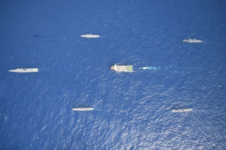 
        Turkey’s research vessel 
        Oruç Reis
          being escorted by Turkish warships.
       (Turkish MND)