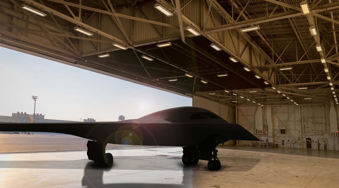 Artist's rendering of a B-21 concept in a hangar at Whiteman Air Force Base in Missouri. The UASF is now moving toward producing the aircraft and proceeding with developmental flight test activities to inform future fixes.