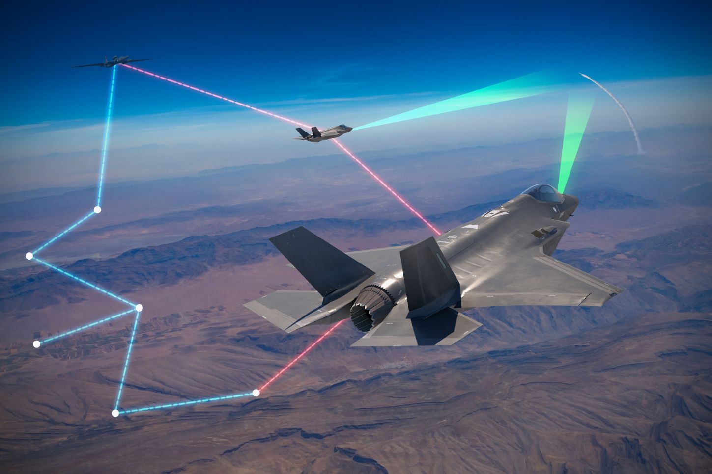 Artist’s illustration of F-35s providing ISR track data to a U-2 aircraft (top) communicating to queue existing missile defence systems to engage an incoming threat. (Lockheed Martin)