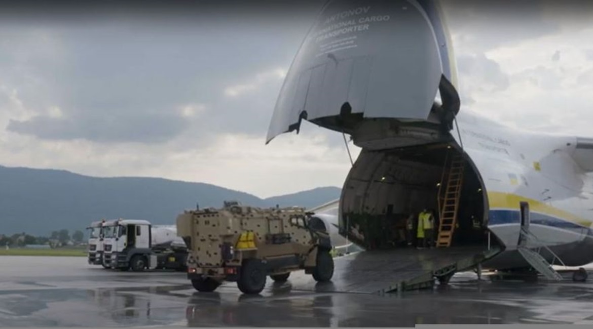 A chartered Ukrainian An-124 airlifter delivering British Army Foxhound armoured patrol vehicles to Sarajevo ahead of EUFOR's exercise 'Quick Response 2020'.
