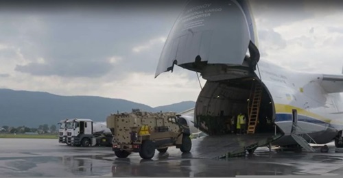 A chartered Ukrainian An-124 airlifter delivering British Army Foxhound armoured patrol vehicles to Sarajevo ahead of EUFOR's exercise 'Quick Response 2020'.