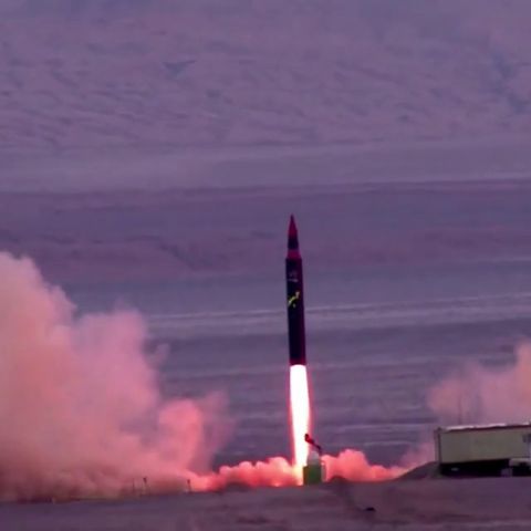 A still from the latest test footage shows the launch of a Khorramshahr missile fitted with a small RV. (Fars News Agency)