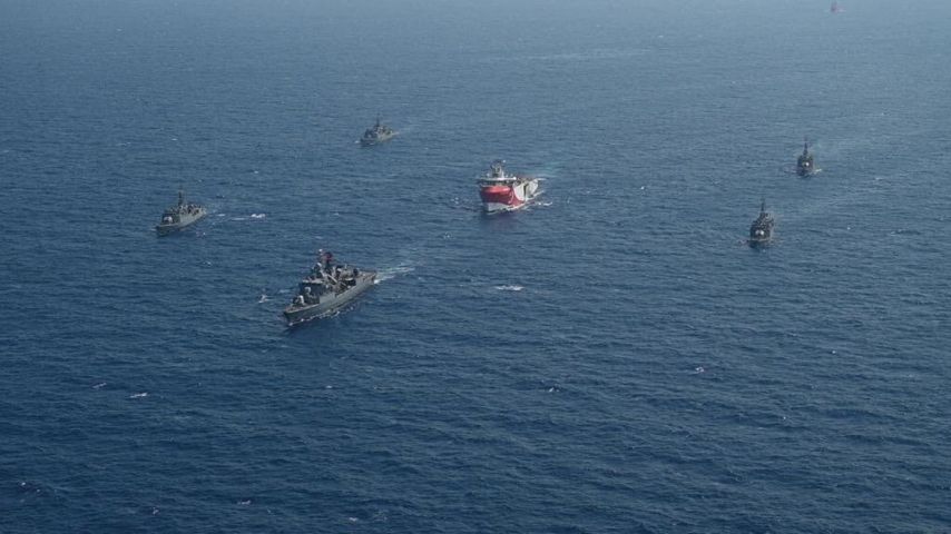 The Turkish survey vessel Oruç Reis is pictured being escorted by Turkish Navy vessels in the eastern Mediterranean on 10 August.  (Ministry of National Defense/Anadolu Agency via Getty Images)