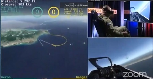 Screenshot of the DARPA AlphaDogfight Trial final round between a Heron Systems AI algorithm and a human pilot using a F-16 simulator on 20 August 2020.