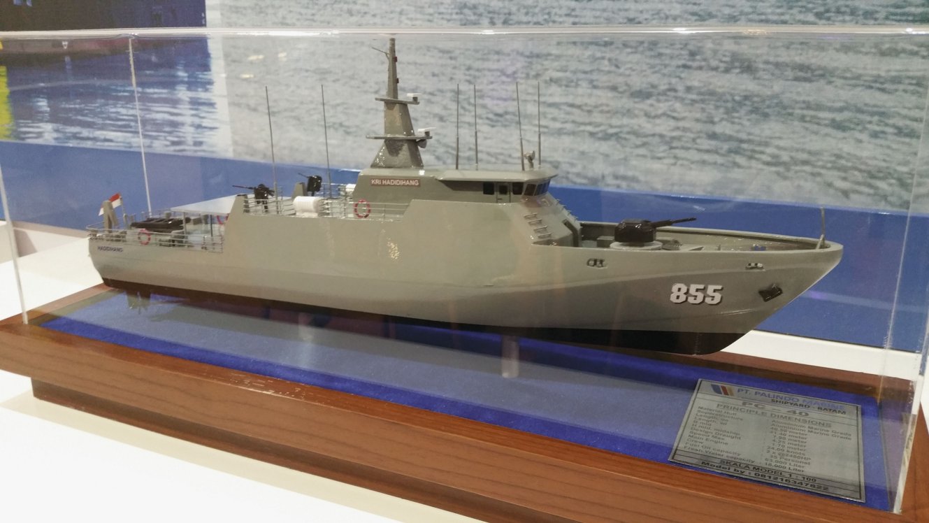 A model of the PC-40-class patrol vessel, similar to the pair launched by PT Karimum Anugrah Sejati on 24 August 2020.  (Janes/Ridzwan Rahmat)