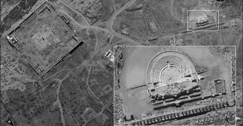 The IMOD said this image of the Temple of Bel and Roman Theatre at Palmyra was taken by the Ofek 16 satellite that was launched on 6 July.