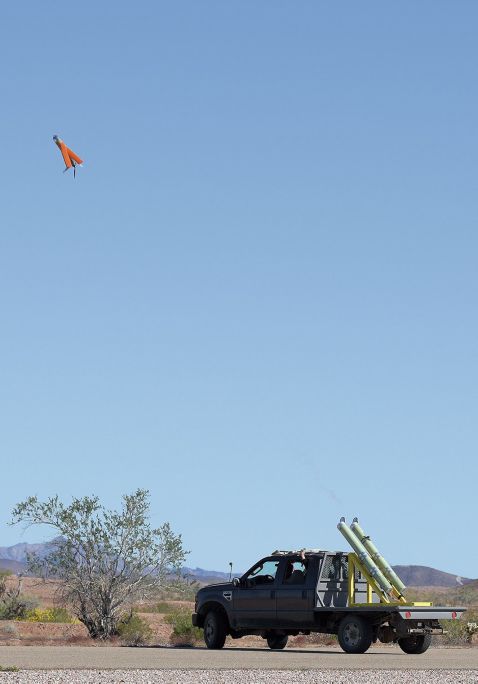 An Area-I Air-Launched, Tube-Integrated, Unmanned System (ALTIUS) is launched from the bed of a truck on 4 March 2020 at Yuma Proving Ground, Arizona. This was part of demonstrations for the US Army’s Air Launched Effects (ALE) effort. (US Army)