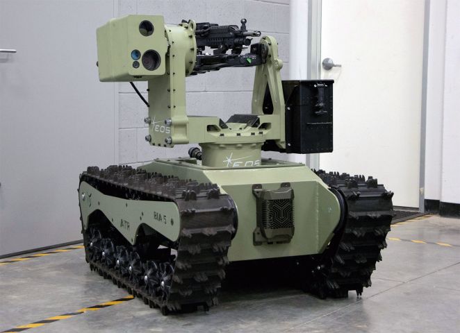 The Warfighter UGV prototype is derived from BIA5’s ATR chassis and features EOS Defence Systems’ lightweight R150 RWS. Other locally supplied mission equipment and payloads can also be fitted as required. (Cyborg Dynamics Engineering))