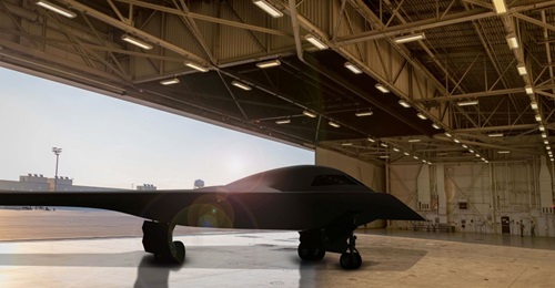 Artist's rendering of a B-21 concept in a hangar at Whiteman Air Force Base in Missouri. The USAF has delayed the first flight of its B-21 to no earlier than 2022 after previously targeting late 2021.