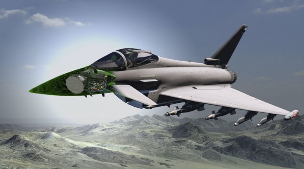 A CGI image of the European Common Radar System Mark 2 (ECRS Mk2) active electronically scanned-array (AESA) radar on a Typhoon. BAE Systems and Leonardo have been awarded a GBP317 million contract to develop the radar to a standard ready to be integra...