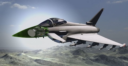 A CGI image of the European Common Radar System Mark 2 (ECRS Mk2) active electronically scanned-array (AESA) radar on a Typhoon. BAE Systems and Leonardo have been awarded a GBP317 million contract to develop the radar to a standard ready to be integra...