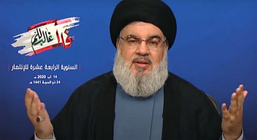 Hizbullah Secretary General Hassan Nasrallah during his speech on 14 August 2020.  (Source withheld)