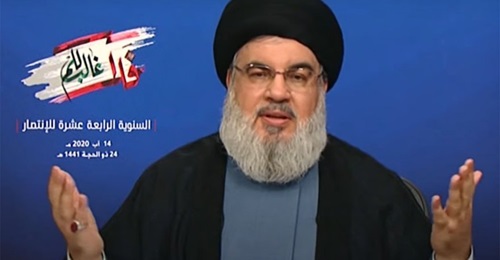 Hizbullah Secretary General Hassan Nasrallah during his speech on 14 August 2020.