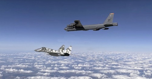 A USAF B-52 escorted by a Ukrainian Air Force MiG-29 over Ukraine on 4 September.