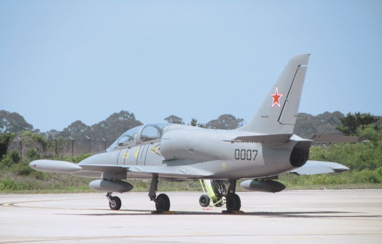 A USAF Aero L-39 aircraft in Russian markings seen at the home of Air Force Special Operations Command (AFSCOC) at Hurlburt Field in Florida on 20 June 2012. The Pentagon is tentatively planning to use L-39s in a dogfight competition involving artificial intelligence (AI)-operated, full-scale tactical aircraft starting in October 2022. (Janes/Gareth Jennings)