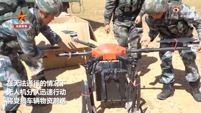 A screengrab from CCTV footage released on 10 September showing one of the six-rotor UAVs operated by the PLA’s Tibet Military District being prepared for take-off.  (CCTV)