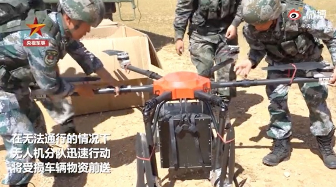 A screengrab from CCTV footage released on 10 September showing one of the six-rotor UAVs operated by the PLA's Tibet Military District being prepared for take-off.