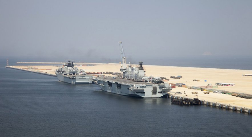 
        The Royal Navy’s HMS
        Ocean
        (now the Brazilian Navy’s
        Atlantico
        ) and HMS
        Bulwark
        in Duqm port to support Exercise ‘Omani Cougar’ in 2016.
       (Babcock International)