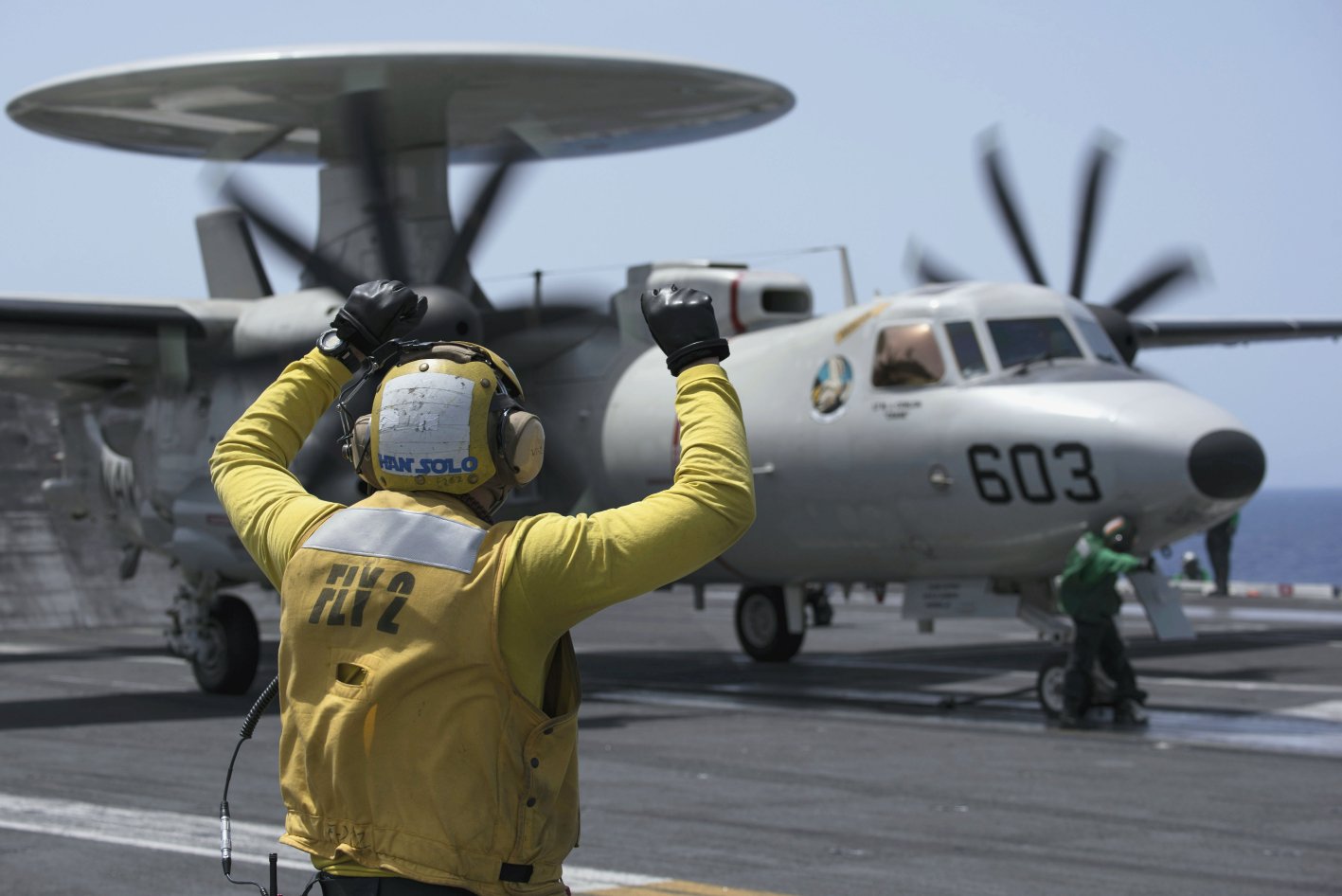 Seen about to launch form the deck of a US Navy aircraft carrier, the E-2D is to receive a head-up display under the HECTR upgrade programme. (US Navy)