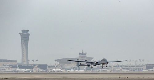 A Heron UAV landing at Ben Gurion International Airport on 16 September, marking a first for unmanned operations.