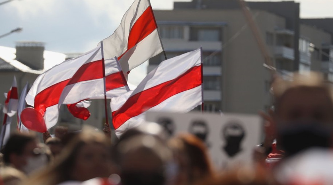 Opposition activists take to the streets in Minsk, Belarus, on 13 September. After the announcement of the 2020 Belarusian presidential election results on 9 August, mass protests against the election results erupted in major cities across Belarus.