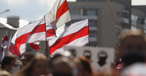 Opposition activists take to the streets in Minsk, Belarus, on 13 September. After the announcement of the 2020 Belarusian presidential election results on 9 August, mass protests against the election results erupted in major cities across Belarus.