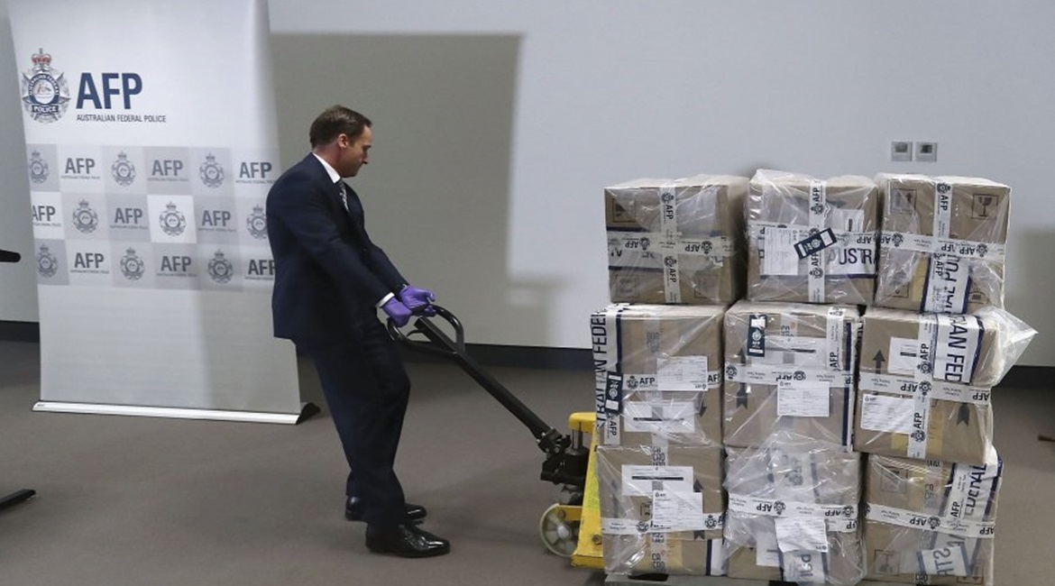 A representative from the Victorian Joint Organised Crime Taskforce wheels in 300 kg of cocaine at the Australian Federal Police Melbourne office on 30 November 2017 in Melbourne, Australia. Australian authorities made a record maritime seizure of coca...