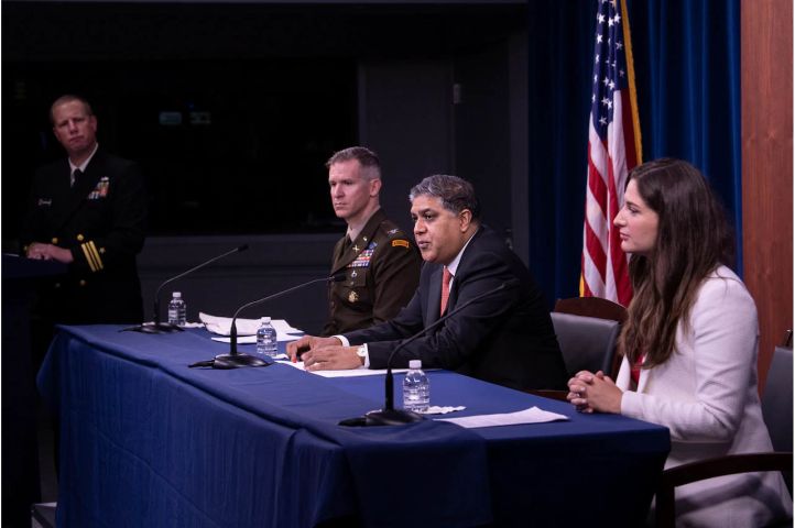 Nand Mulchandani, JAIC acting director, Chief of Warfighting Operations US Army Col Brad Boyd and Jane Pinelis, JAIC’s chief of test, evaluation, and assessment, brief reporters at the Pentagon on 10 September 2020. (US Department of Defense)