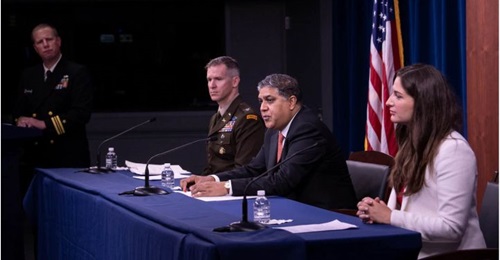 Nand Mulchandani, JAIC acting director, Chief of Warfighting Operations US Army Col Brad Boyd and Jane Pinelis, JAIC's chief of test, evaluation, and assessment, brief reporters at the Pentagon on 10 September 2020.