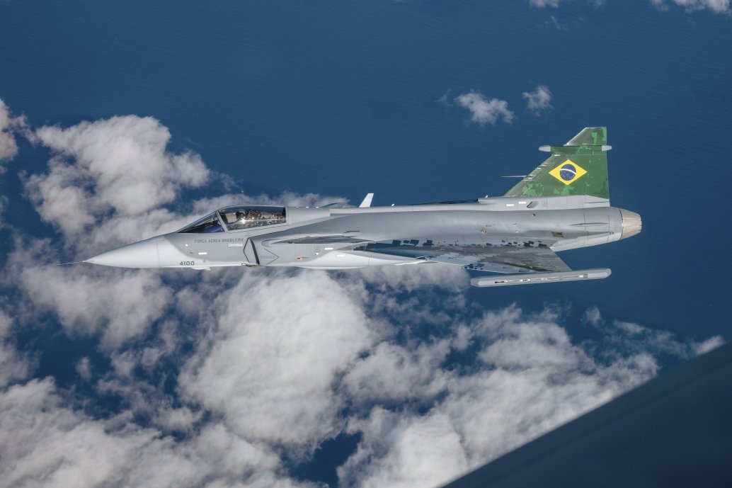 Seen during flight trials in Sweden, the first Gripen E for Brazil has now arrived in-country for further trials ahead of being officially presented to the country in October. (Saab)
