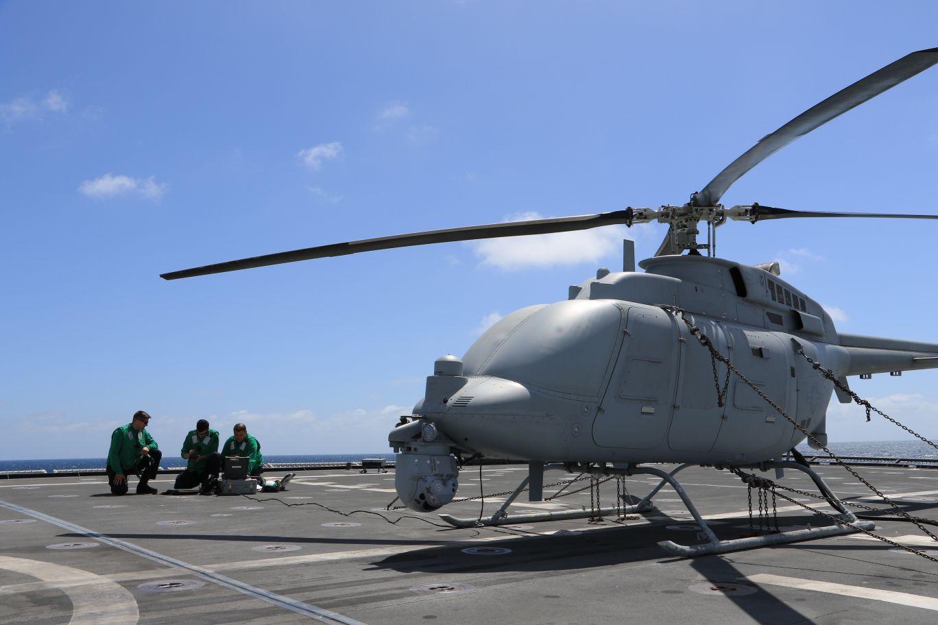 The MQ-8C Fire Scout seen on the flight deck of the Independence variant littoral combat ship USS Coronado (LCS 4) on 21 June 2018. The MQ-8C features a 30% increase in top airspeed over the MQ-8B. (US Navy)