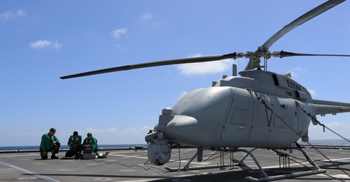 The MQ-8C Fire Scout seen on the flight deck of the Independence variant littoral combat ship USS Coronado (LCS 4) on 21 June 2018. The MQ-8C features a 30% increase in top airspeed over the MQ-8B.