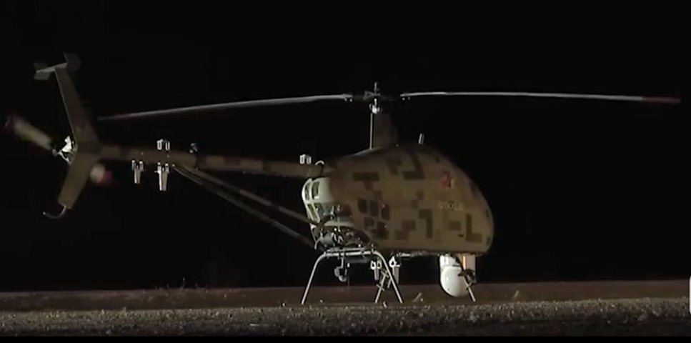A screenshot from CCTV footage released on 23 September showing an AV500 VTOL UAV painted in green PLAGF camouflage about to take off at night during a combat exercise with the PLAGF’s 77th Group Army. (CCTV)