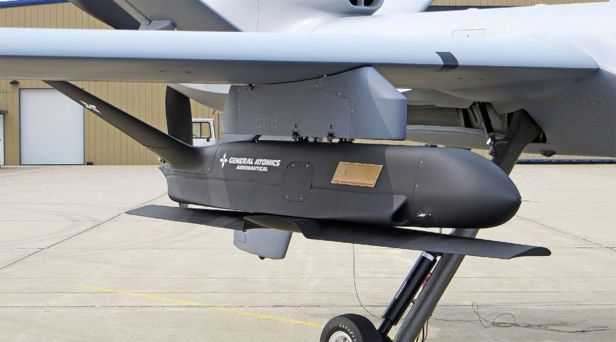The Sparrowhawk demonstrator seen mounted on a MQ-9A Reaper UAV with its main wing folded for carriage.  (GA-ASI)