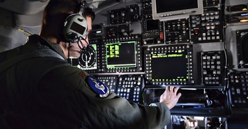 Major Michael Griffin, with the US Air Force's 10th Flight Test Squadron, evaluates a B-1B with the new Integrated Battle Station modification. 60 aircraft went through the modification process, which began in late 2012 and was completed in September 2...