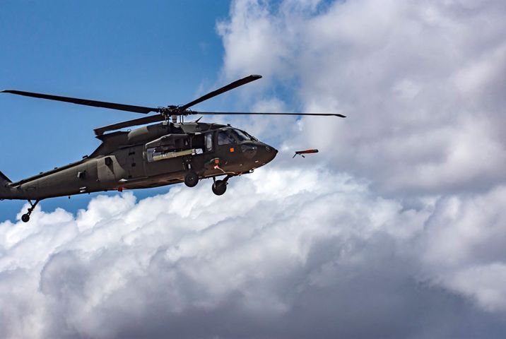 Pictured here is a March demo of a UH-60 Black Hawk launching Area-I’s Altius-600 ALE. The army also used the new ALE in its Project Convergence 2020 demonstration out at Yuma Proving Ground. (US Army)