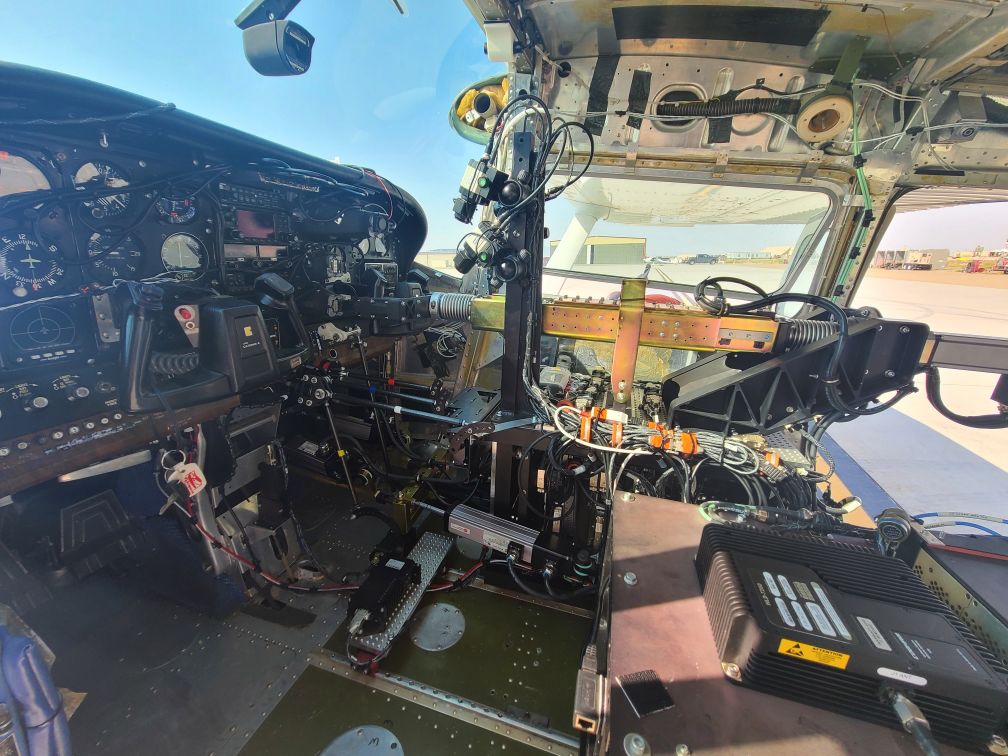AFRL and DZYNE Technologies resumed flight testing of the ROBOpilot unmanned air platform and completed a fourth flight test on 24 September 2020. Pictured is the cockpit of the Cessna 206 used in operation. (US Air Force)