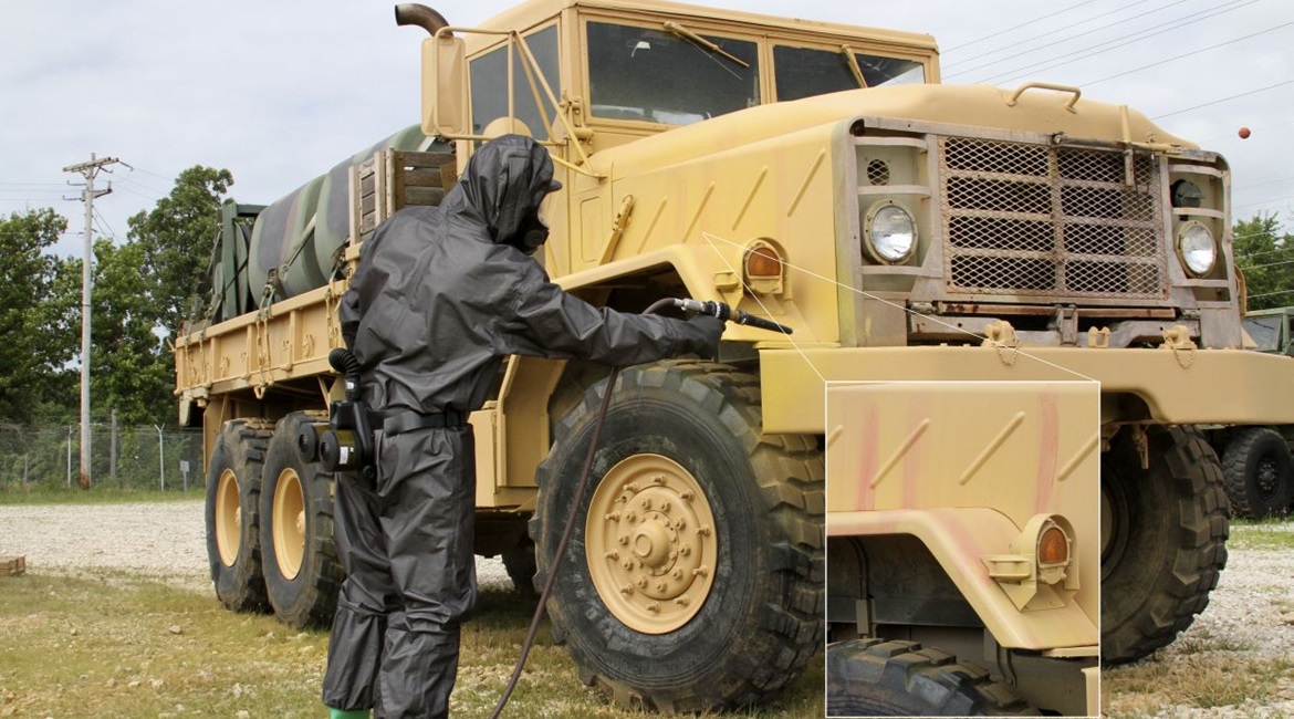When CIDAS is applied to a surface in liquid form as a spray, a colour change identifies the precise location of contamination by a chemical warfare agent.